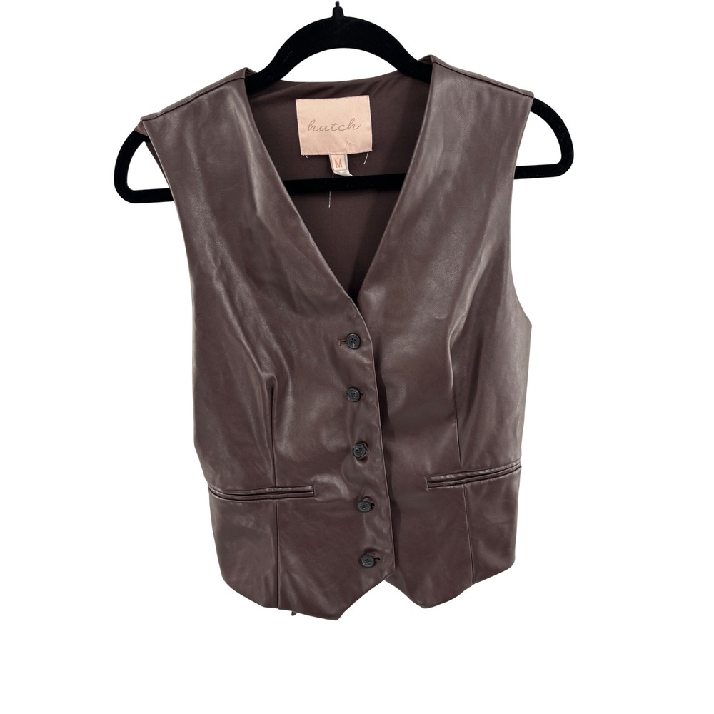 Hutch Brown Faux Leather Button Front Waistcoat Vest Womens Size Medium